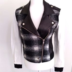 Paige Leather and Plaid Wool Moto Jacket